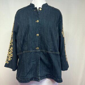 Chico’s Denim Embroidered Jacket Women’s 3 XL Gold Boho Button Front Tunic